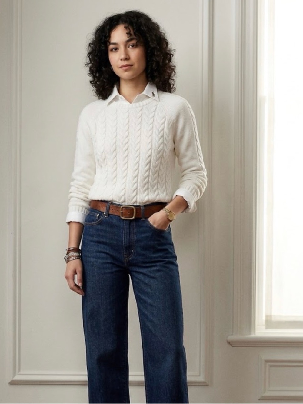 Lands' End Cream Cable Knit Pullover